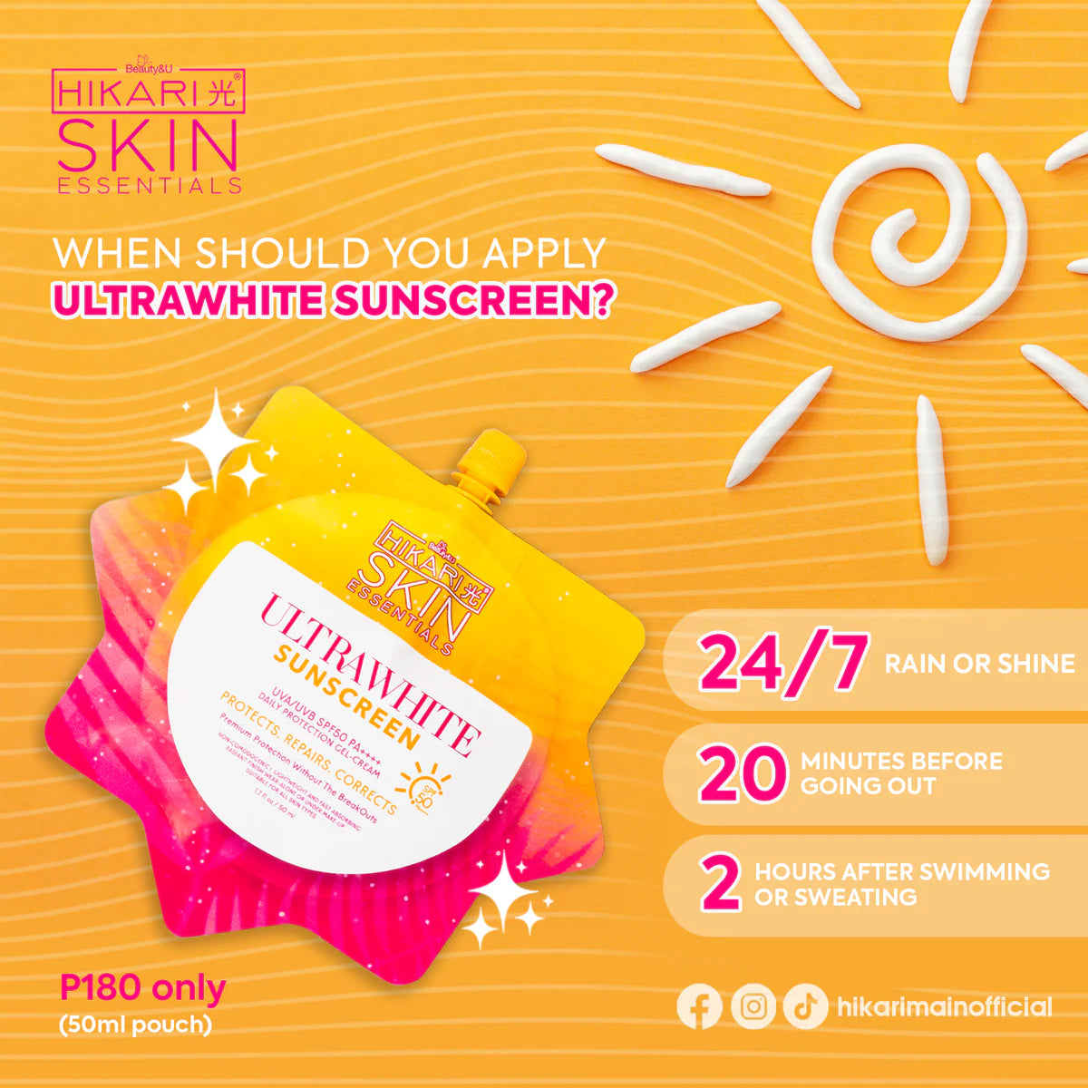 Beauty&U Hikari Skin Essentials Ultrawhite Sunscreen SPF50 PA++++ 50ml
