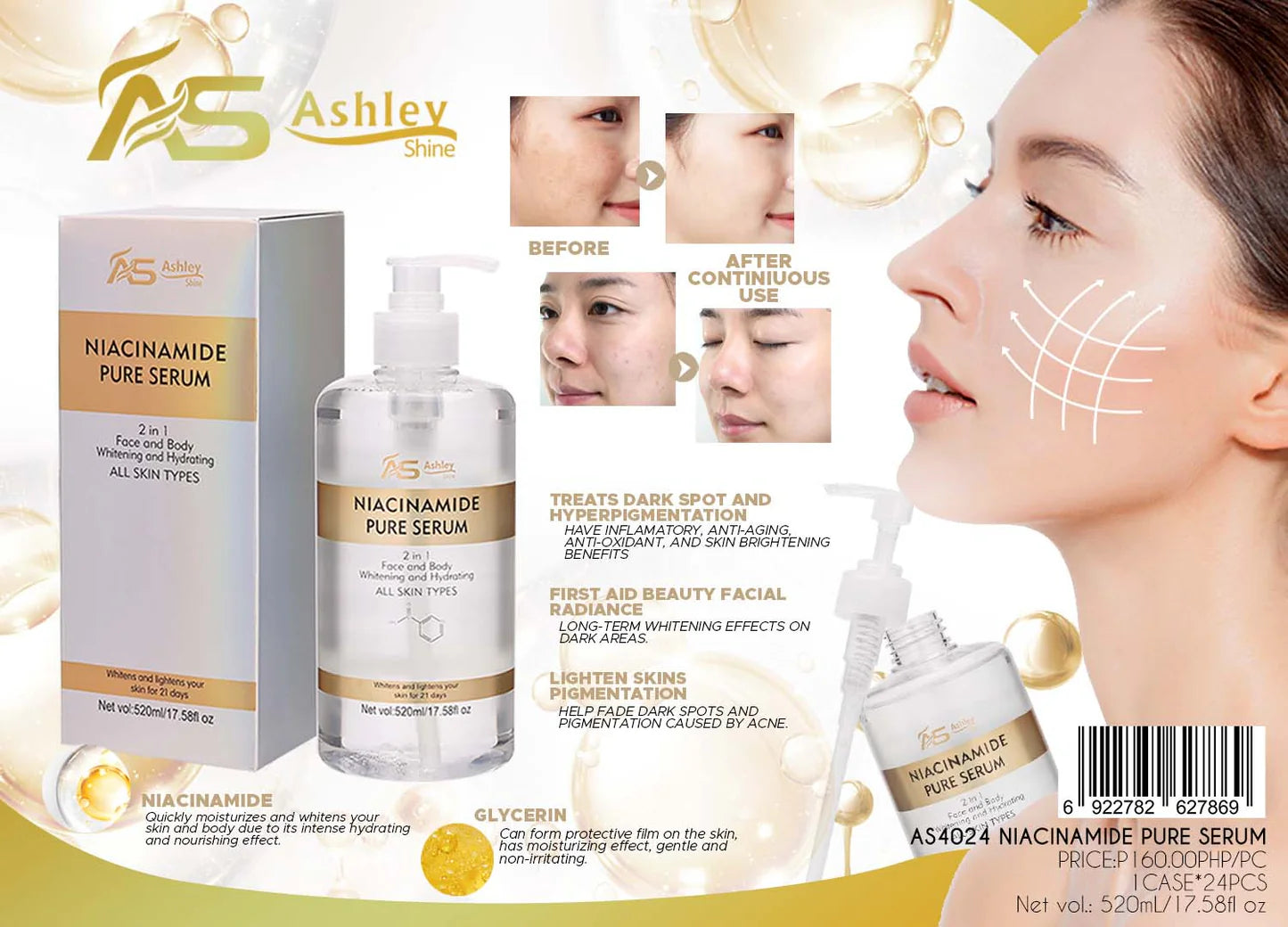 Ashley Shine Niacinamide Pure Serum For Face And Body 520ml