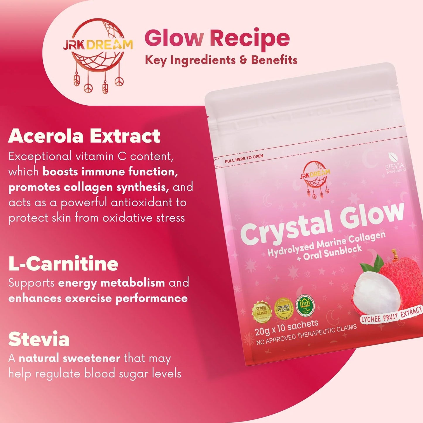 Crystal Glow Lychee Collagen & Glutathione Drink 10s (New Packaging)