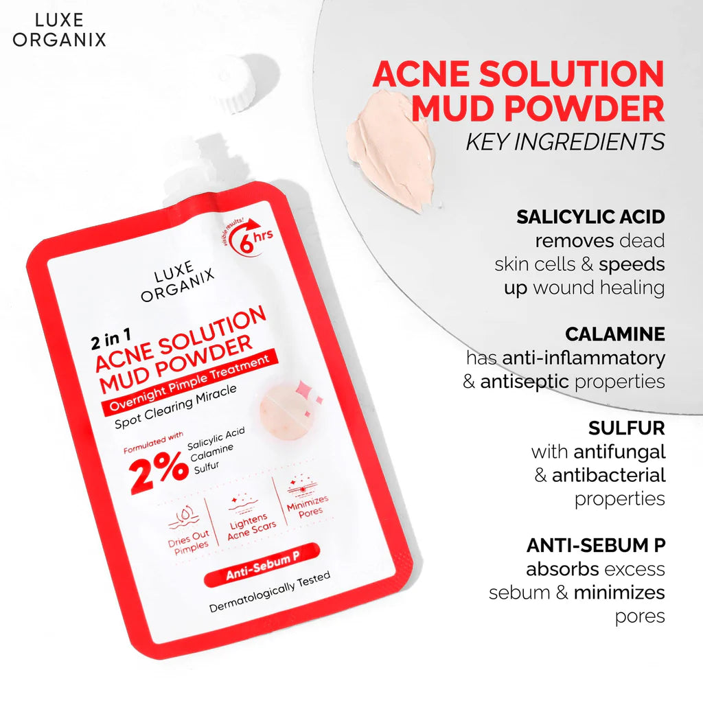 Luxe Organix 2 in 1 Acne Solution Mud Powder Overnight Pimple Treatment 9g